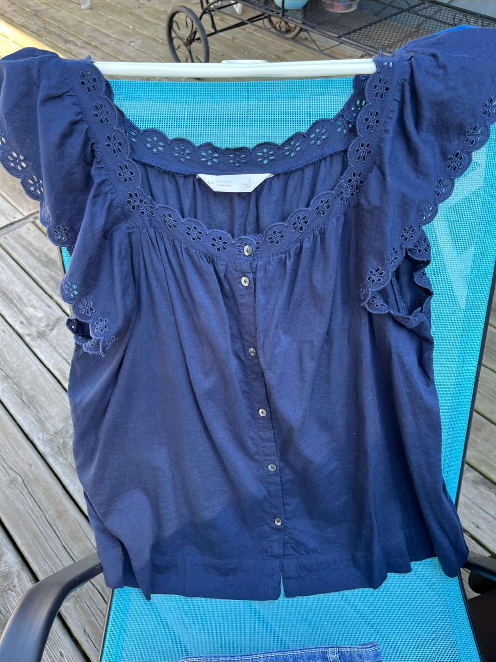 Lightweight navy top with eyelet trim